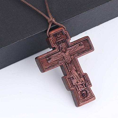COTTVOTT Wood Orthodox Cross Pendant Necklace Christian Crucifix Necklace Prayer Jesus for Women Men2