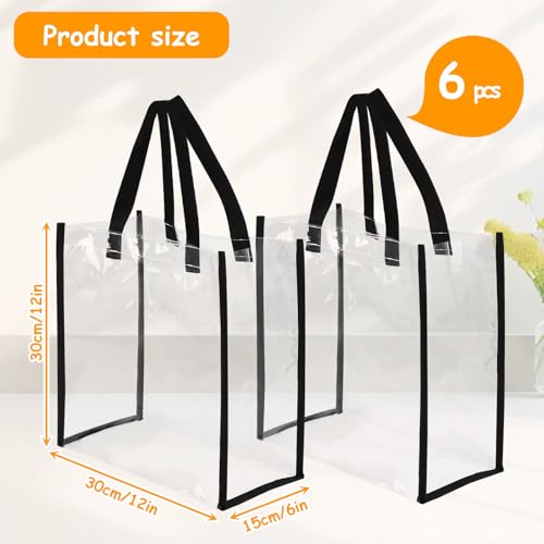 6 Packs Stadium Approved Clear Tote Bag, 12 x 12 x 6 Inches PVC Waterproof Transparent Carry Bags with Handles for Picnics, Wedding Gift Bags, Beach Camping, Concerts, Sports Events, Games2
