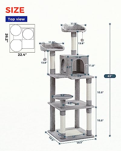 PEQULTI 63\'\' Multi-Level Cat Tree Tower for Indoor Cats with Sisal-Covered Scratching Post, Cozy Cat Condo, Cat Hammock and Wide Top Perch, Grey