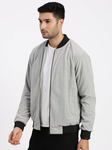 Image of SHOWOFFFF Men Solid Bomber Jacket | Mock Collar Full Sleeves Nylon Jacket for Mens | Slim Fit Regular Length Jacket for Men's