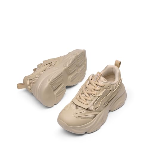 DREAM PAIRS Women's Platform Chunky Fashion Sneakers Jaxon Walking Lace-Up Comfortable Dad Sneakers Workout Sport Work Casual Tennis Shoes,Size 6,Apricot,SDFN2406W