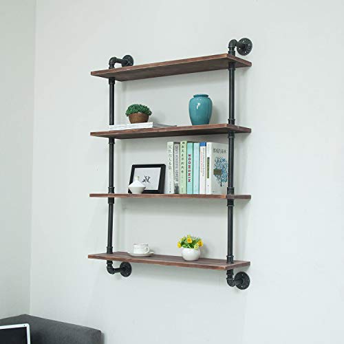 KKLE Industrial Pipe Shelving Bookshelf Rustic Modern Wood Ladder Storage Shelf 4-Tier Retro Wall Mount Pipe Design DIY Shelving (24in)
