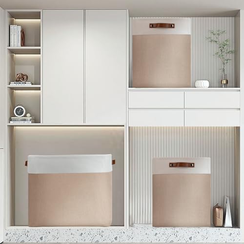 Image of DULLEMELO Large Storage Baskets for Organizing, Canvas Storage Bins Big Baskets With Handles for Shelf Clothes Empty Gift Basket (White&Khaki)