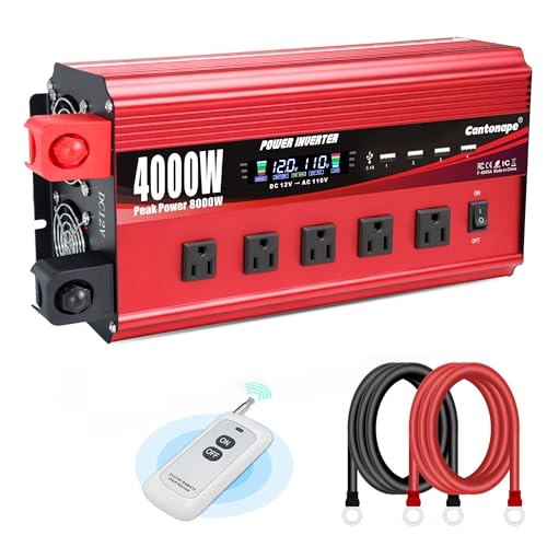 Cantonape 4000W Power Inverter 12V to 110V/120V DC to AC with LCD Display, Remote Controller 5 x AC Outlets and 4 x 3.1A USB Car Adapter for Car Truck Boat RV Solar System