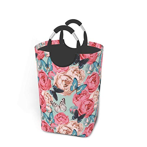 Wäschesack,Bunter Pfingstrosen-Rosen-Schmetterlings-Druck,Großer faltbarer Wäschekorb,zusammenklappbarer Wäschekorb,zusammenklappbarer