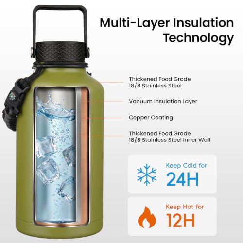 Image of Konokyo Insulated Water Bottle with Straw,50 oz 3 Lids Water Jug with Carrying Bag,Paracord Handle,Double Wall Vacuum Stainless Steel Metal Flask,Forest Green