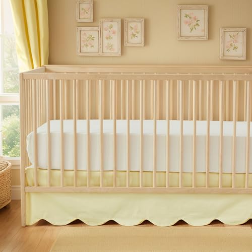Image of Brandream Scallop Edge Cotton Crib Skirt Toddler Bedskirt Baby Nursery Crib Bed Skirt Boho Bohemian Neutral Solid Color Light Yellow Farmhouse Chic Bedding Skirt