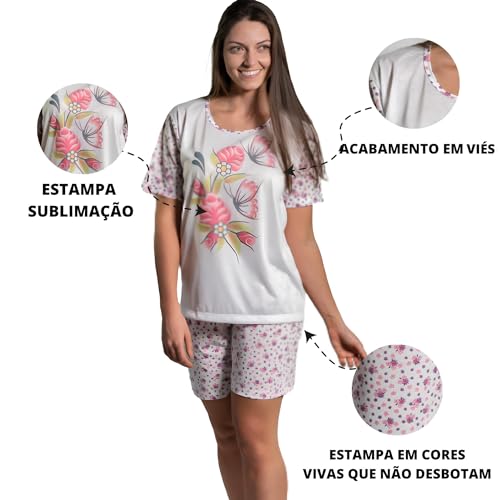 Pijama Bermuda Feminino Curto Confortável em Poliéster e Viscose (GG, BRANCO)