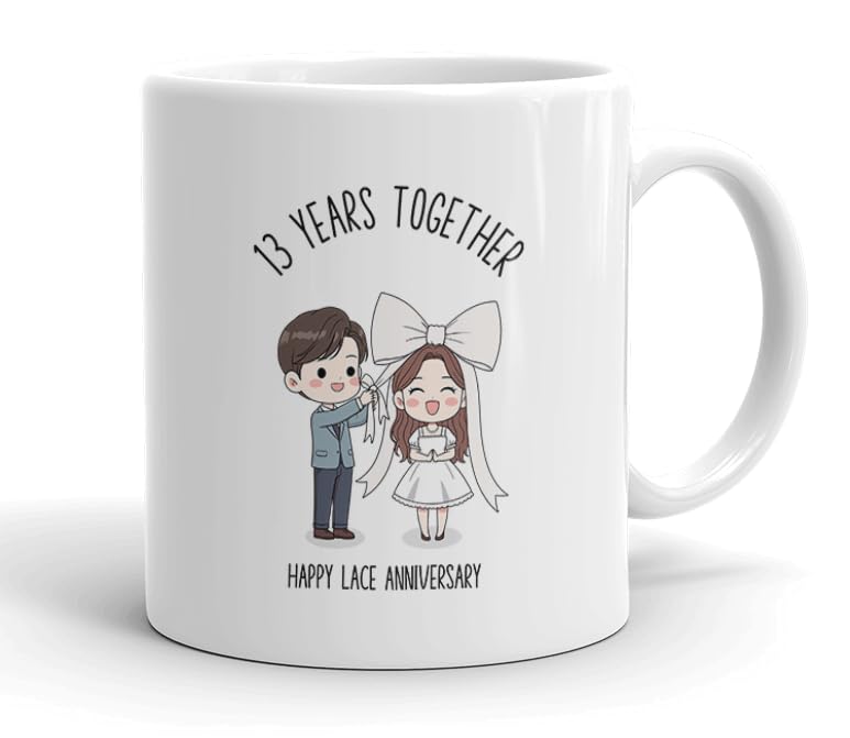 VIROSA 13 Years Lace Anniversary Mug – 11oz Ceramic Coffee Cup Gift for Husband, Wife, Couples – Thirteenth Wedding Anniversary Present Idea, Romantic Keepsake — image 1