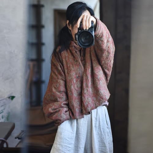 NFYM Red Cropped Lightweight Fall Jacket - Vintage Ramie Floral Print Outwear for Women - Image 5