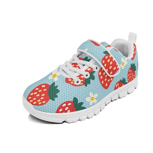 Little Kid Shoes for Boys & Girls Breathable Tennis Running Sneakers for Kids Strawberry Floral Pattern（White Sole）