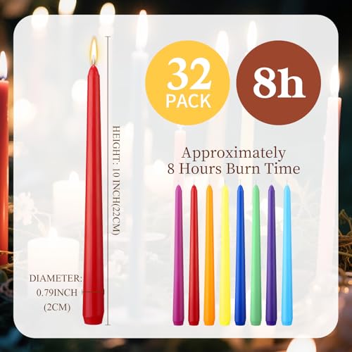 Image of MTLEE 32 Pcs Long Taper Candlestick Bulk 10 Inch Smokeless, Rainbow | Paraffin Wax Cotton Wick, Colorful Vibrant for Dinner Wedding Party Church, Unscented Table Centerpiece Decor