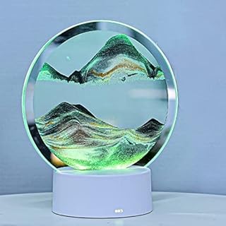 Flowing Sand Art,Moving Sand Art Picture,Dynamic 3D Deep Sea Sandscape in Motion Display Flowing Sand Frame with Led Night Light Base,Round Glass Sand Frame,for Desktop Home Office Work (Green)
