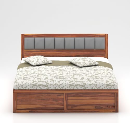 Image of Wooden Queen Size Bed with Storage | Double Bed Cot Bed with Box Storage & Upholstered Cushioned Headboard for Bedroom | Sheesham Wood, Teak Finish, Recommended Mattress | Size: 78 X 60