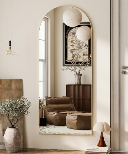 HARRITPURE 64"x21" Arched Full Length Mirror Free Standing Leaning Hanging Mounted Mirror Aluminum Frame Modern Simple Home Decor for Living Room Bedroom Cloakroom, Gold