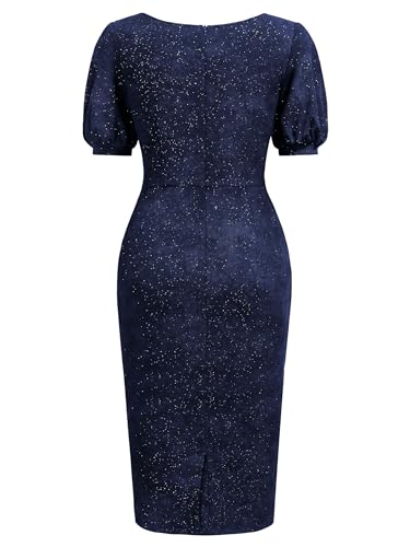 Image of Miusol Women's Retro V-Neck Elegant Glitter Wrap Ruched Puff Sleeve Cocktail Party Dress