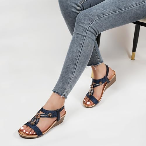 Wedge Sandals for Women Dressy, Woman's Sandal Comfortable Low Wedges Heels Ankle Elastic Strap Sandles with Flower Rhinestones3