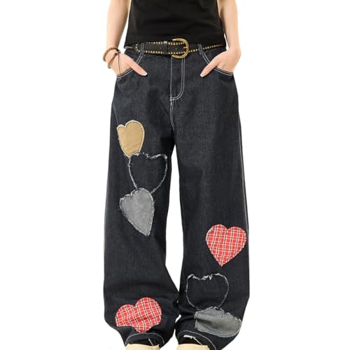 Womens Fashion Y2K Low Rise Wide Leg Jeans Vintage Casual Loose Straight Cute Heart Patch Denim Pants