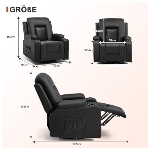 COMHOMA Relaxsessel Manuell Fernsehsessel mit Liegefunktion, TV-Sessel mit Seitengriff, Fußstütze, 360°drehbar bis 150 kg Belastbar, für Wohnzimmer, Schlafzimmer Schwarz – Bild 3