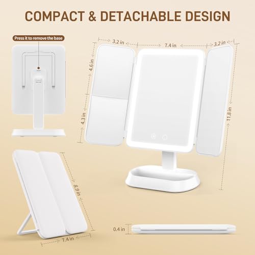 Makeup Mirror with Lights, 1X/3X/5X Magnification Vanity Mirror, 3 Colors Dimmable Soft Light 360° Rotation Smart Touch | Rechargeable Portable Trifold Mirror for Travel/Dorm/Room, Gift for Women - Image 3