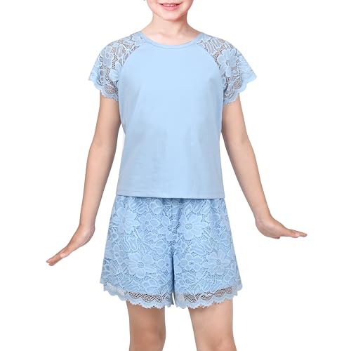 Sunny Fashion Girls 2 Pcs Set T-shirt Top Shorts Sky Blue Floral Lace Cap Sleeve Casual Summer Sport Size 10