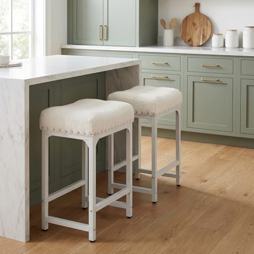 Image of Counter Height Bar Stools Set of 2, 24 Inch Bar Stools for Kitchen Counter, White Boucle Saddle Backless Barstools, Modern Counter Stools Kicthen Island Stools, Off White