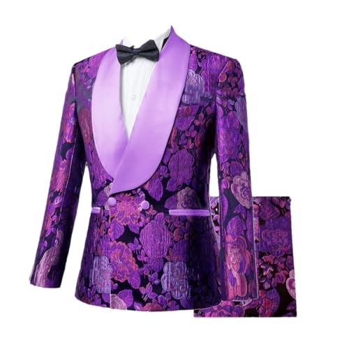 Mens Textured Floral Suit Two Piece Set Satin Collar Blazer and Pants for Formal Event Party Wear