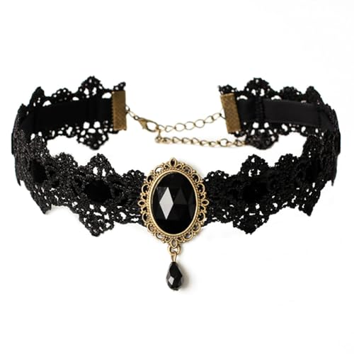 Vinzar Gothic Black Lace Collar Necklace Black Red Crystal Women Necklace Halloween Choker Necklace for Prom Costume Party Cosplay