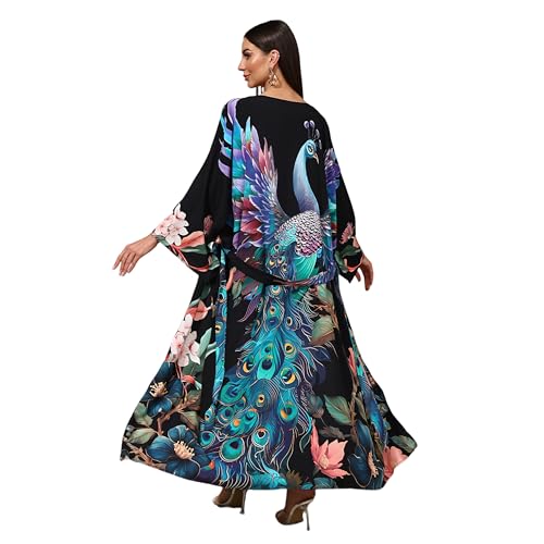 Swimsuit Coverups for Women Long Kimonos Robes Peocock Flower Printed Boho Beach Cover Ups Summer Holiday Sarong Wraps