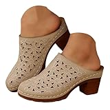 WDSVDFER Beige Closed Toe Cut-Out Chunky Heel Mules for...