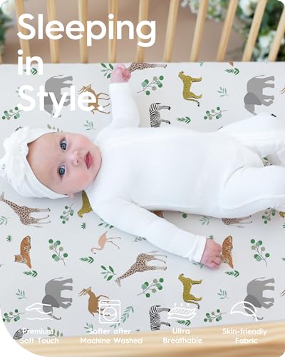 Image of Crib Sheet Netural, Premium Soft Safari Jersey Knit Fitted Crib Sheet, Crib Mattress Sheet, 28''x52''x9'' Extra Deep Pocket