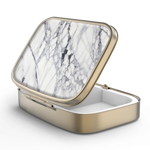 Image of Pill Case Pill Box with Mirror Retro 2 Compartment Small Pill Case for Purse or Pocket Bronze Rectangular Pill Box or Vitamins, Fish Oil, Supplements, Pill Containe Travel Gifts(White Marble)