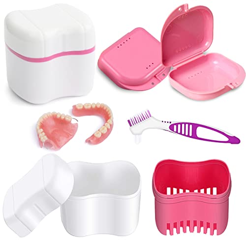 YEAPEAK boîte de prothèse, panier porte-brosse de prothèse, Boîte à Dentier, étuis de prothèse avec brosses de nettoyage de prothèse, pour le nettoyage du stockage des fausses dents.rose Cover