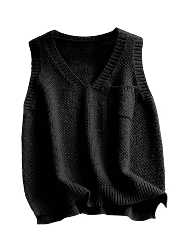 OYOANGLE Women's Sweater Vest V Neck Chest Pocket Side Slit Sleeveless Sweater Tops