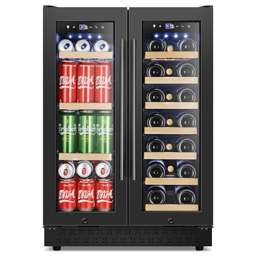 Tylza 24 Inch Wine and Beverage Refrigerator, Dual Zone Wine Beverage Cooler 24" with French Door, Under Counter Wine Beer Fridge Built-In or Freestanding, Holds 20 Bottles and 88 Cans, Black