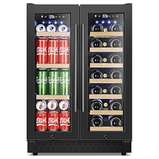 Tylza 24 Inch Wine and Beverage Refrigerator, Dual Zone Wine Beverage Cooler 24" with French Door, Under Counter Wine Beer Fridge Built-In or Freestanding, Holds 20 Bottles and 88 Cans, Black