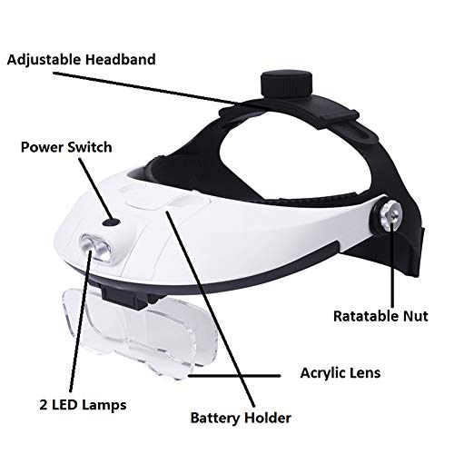 Lupa montada en la cabeza con luz LED, lupa manos libres para leer, reparar relojes, joyas, zoom de 1X a 3.5X con 6 lentes desmontables