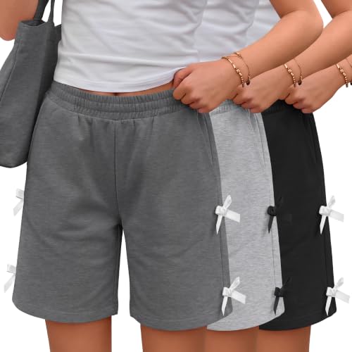 Yooo's Vivi 3 Pack Girls Bermuda Shorts Kids Bow Side Summer Knee Length Pants Teen Girls Cute Elastic Waist Athletic Shorts(13-14 Years,Dark Heather Gray, Light Heather Gray, Black)