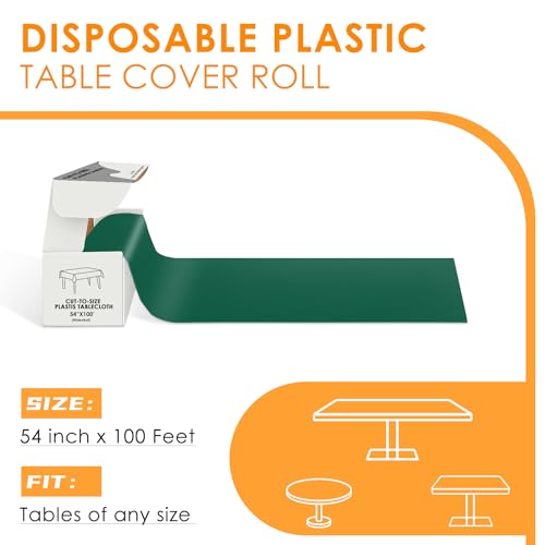 Image of tujol Dark Green Disposable Plastic Table Cloth Roll 54 inch X 100', Plastic Table Cover with Cutter Box, Cut to Size Disposable Tablecloth for Parties