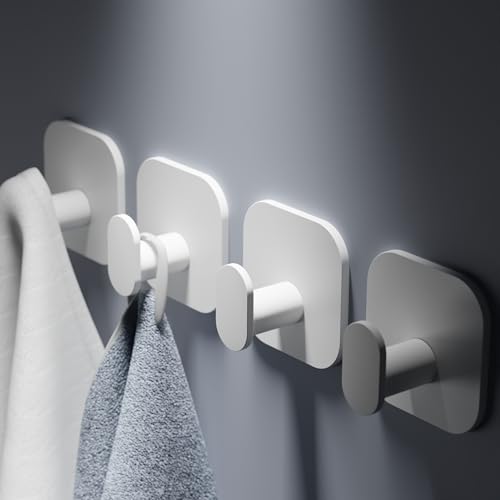 Aikzik Handtuchhalter ohne Bohren, 4er Set, Badezimmer Handtuchhalter aus Edelstahl, Klebehaken extra stark, Selbstklebend Haken für Bad und Küche, Weiß