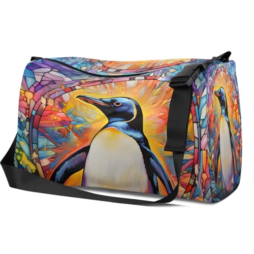 Leather Travel Duffle Bag for Women Men, Glass Painting Penguin Cute Small Sports Gym Bag Weekender Overnight Bags Underseat Carry on Luggage Bags for Airplanes, Personal Item Travel Bag,B-6993