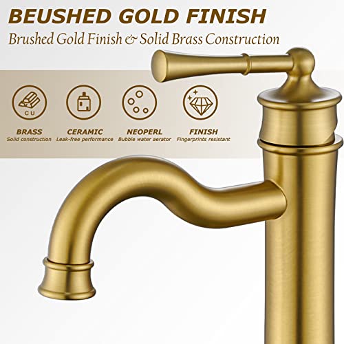 Winkear Vessel Sink Faucet Brushed Gold Bathroom Tall Faucet Single Hole Deck-Mount Pop Up Drain Assembly Without Overflow Water Supply Lines Included #TOP3