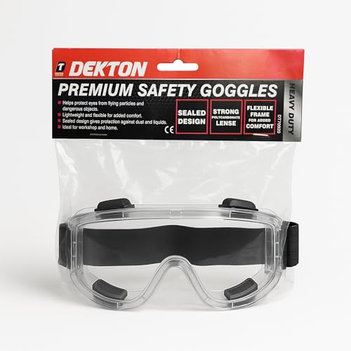 Dekton Premium Safety Goggles | Lightweight & Flexible Eye Protection Against Flying Particles | Ideal for Workshop & Home Use | Sealed Design for Protection | Durable Polycarbonate Lenses for Safety