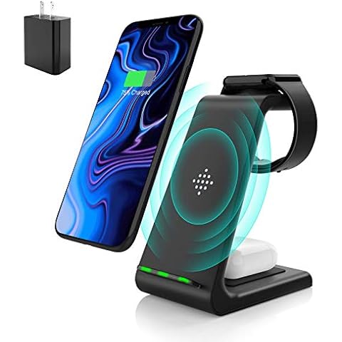 TANTAO Wireless Charging Stand, Muleug 3 in 1 Wireless Charger Charging Station Dock for Apple Watch 5 4 3 2, Airpods Pro, iPhone 11/11 Pro/X/Xr/Xs/8 Plus, Qi-Certified Phones (with QC3.0 Adapter) Cover