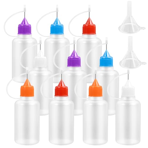 QVYQVY 10 PCS Precision Needle Tip Glue Bottles with 2 Mini Funnels, 30ML/1 OZ Precision Tip Squeeze Bottle Refillable, Plastic Applicator Bottles for DIY Paint Paper Quilling Craft Glue Ink Liquid
