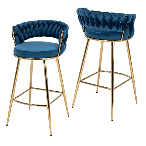 Goolon Velvet Barstool Set Of 2 Woven Backrest Chair For Kitchen Counter Modern Bar Stool Soft Cushion With Golden Legs For Dining Kitchen Pub Blue #TOP12