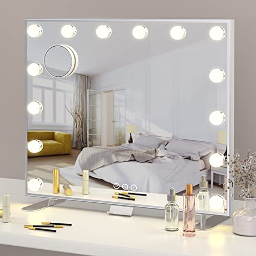 ADDCOLOR Hollywood Specchio Trucco con Luci, Specchio Parete con USB Porta di Ricarica e Telefono Supporto, 14 Lampadine LED e 3 Modalità Illuminazione Regolabile Specchio da Tavolo (60x18x52.3 cm)