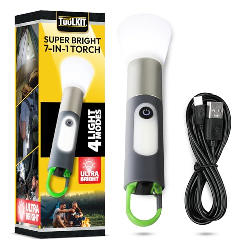 TUULKIT 7-in-1 Super Bright Torch with 4 Light Modes | USB Type-C Rechargeable Flashlight with Carabiner Clip | Ideal for Hiking, Night Walks, Camping, and Outdoor Activities