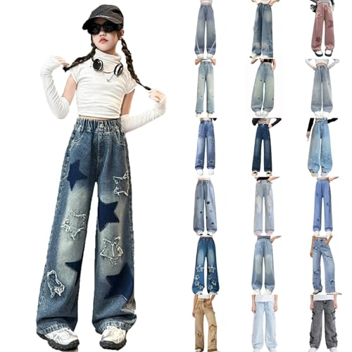 Cute Jeans for Teen Girls Star Embroidered Patchwork Pants Y2K High Waisted Straight Leg Baggy Jean Casual Preppy Demin Pants