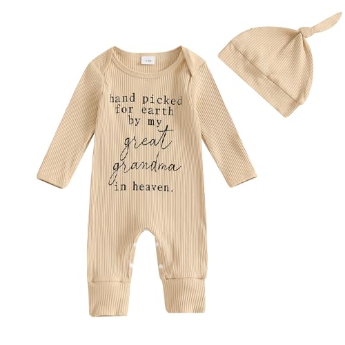 SAYOO Hand Picked For Earth By My Great Grandma Grandpa In Heaven Bodysuit Romper Newborn Baby Ribbed Jumpsuit Coveralls (Beige, 0-3 Months)